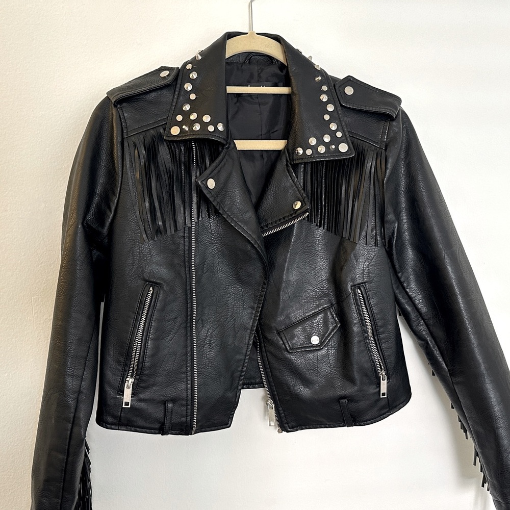 Black Leather jacket with fringe and stud embellishments